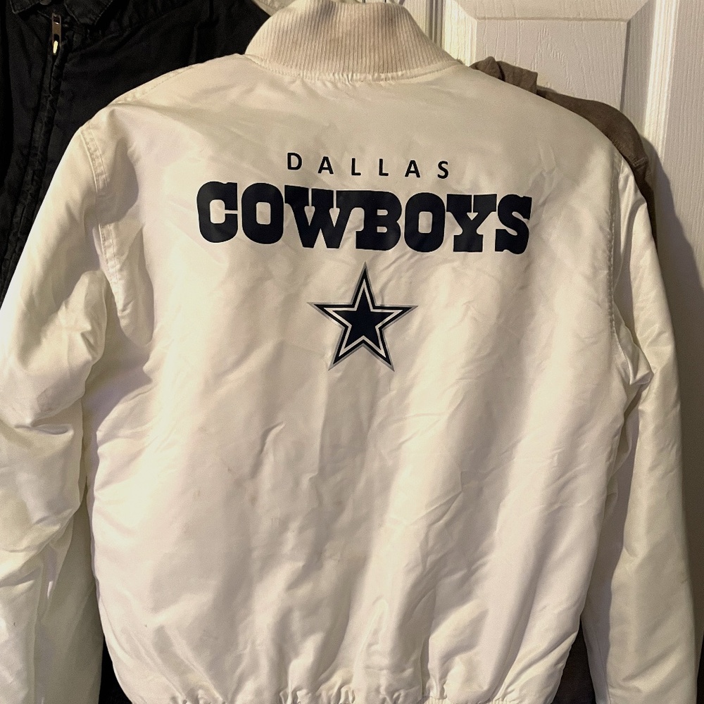 COPY - Dallas Cowboys Baseball Jacket NFL Licensed White & Blue Lightweight Sma…